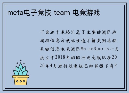 meta电子竞技 team 电竞游戏